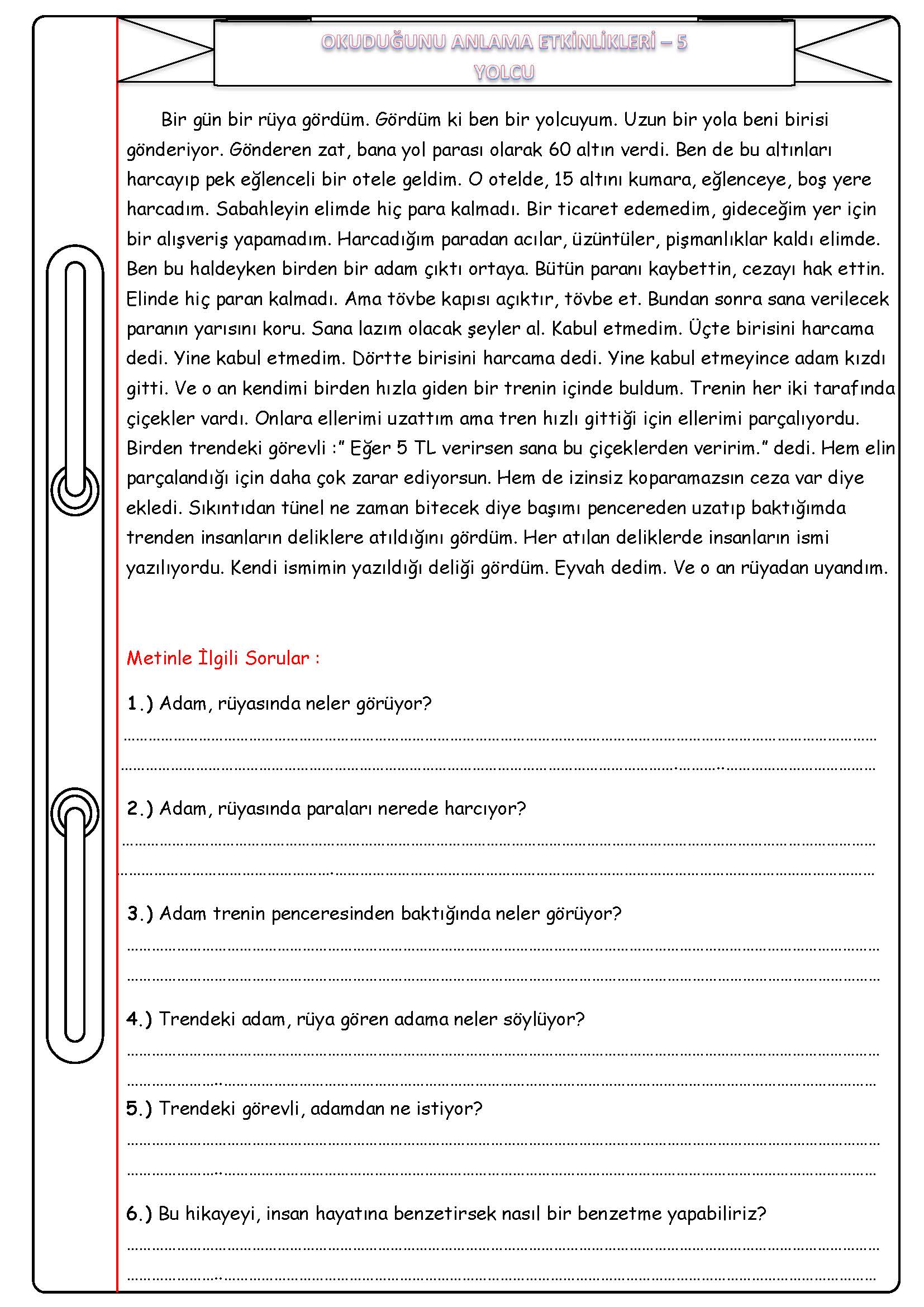 4. Sınıf Türkçe Okuduğunu Anlama Etkinliği - YOLCU
