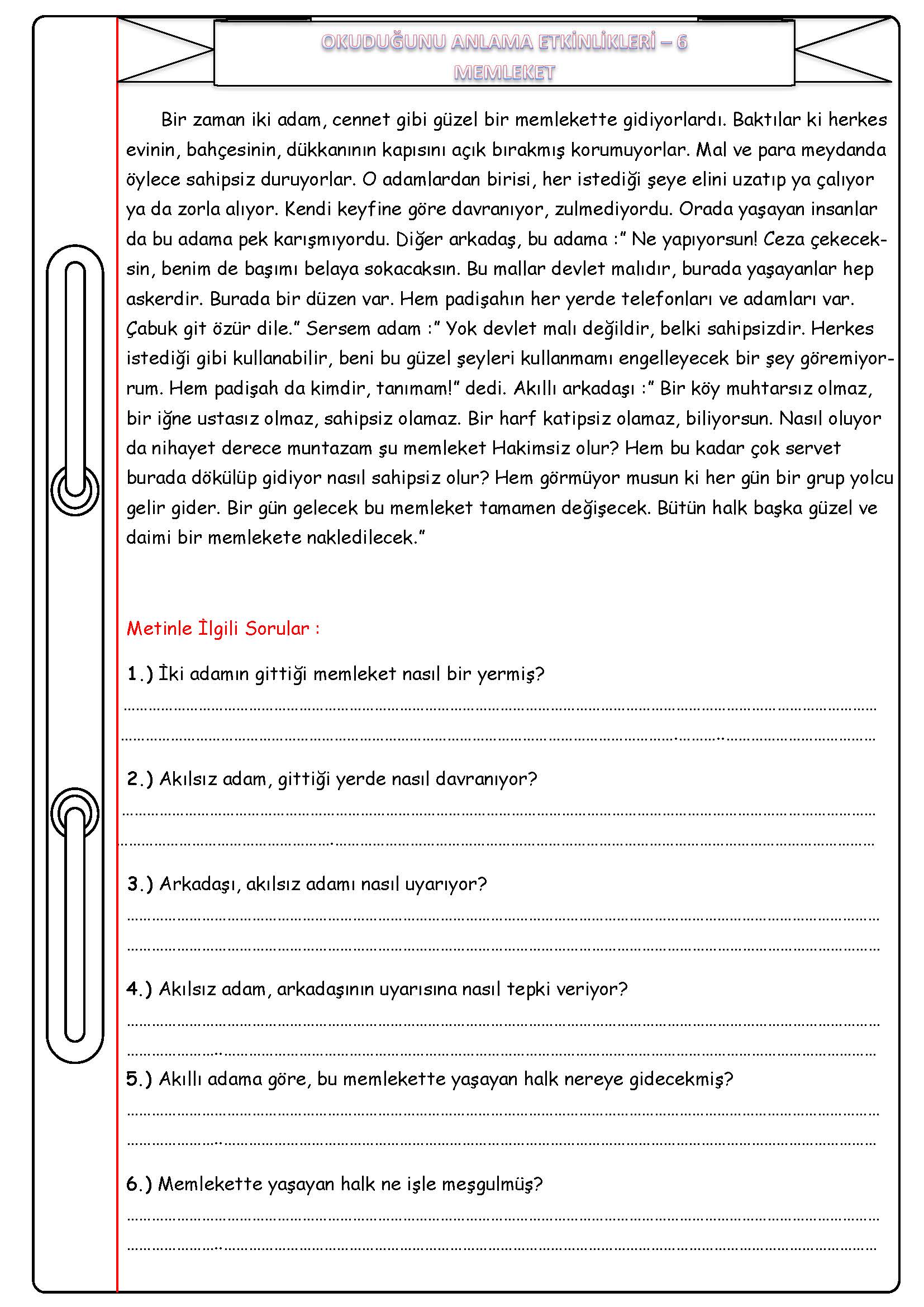 4. Sınıf Türkçe Okuduğunu Anlama Etkinliği - MEMLEKET