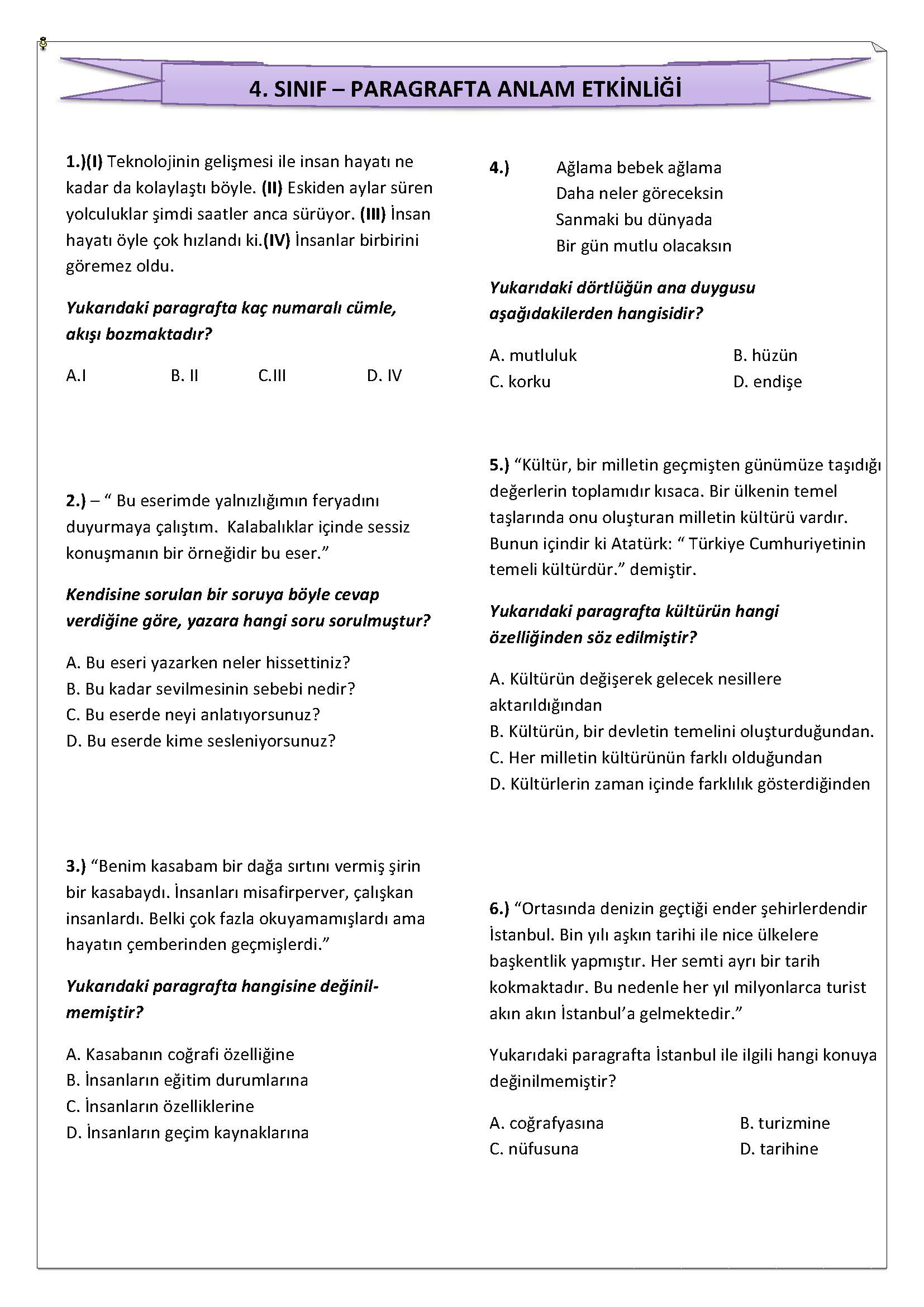 4. Sınıf Türkçe Paragrafta Anlam Etkinliği - 1