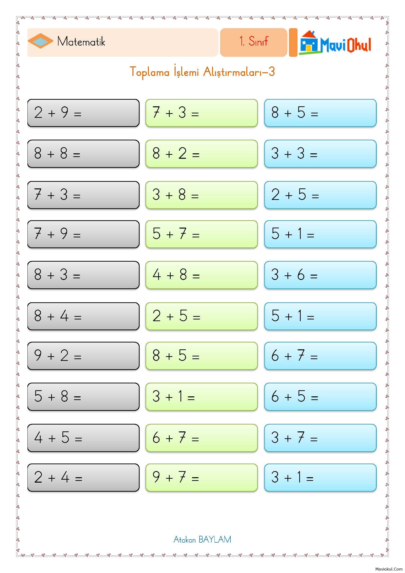 1. Sınıf Matematik Toplama İşlemi Alıştırmaları-3