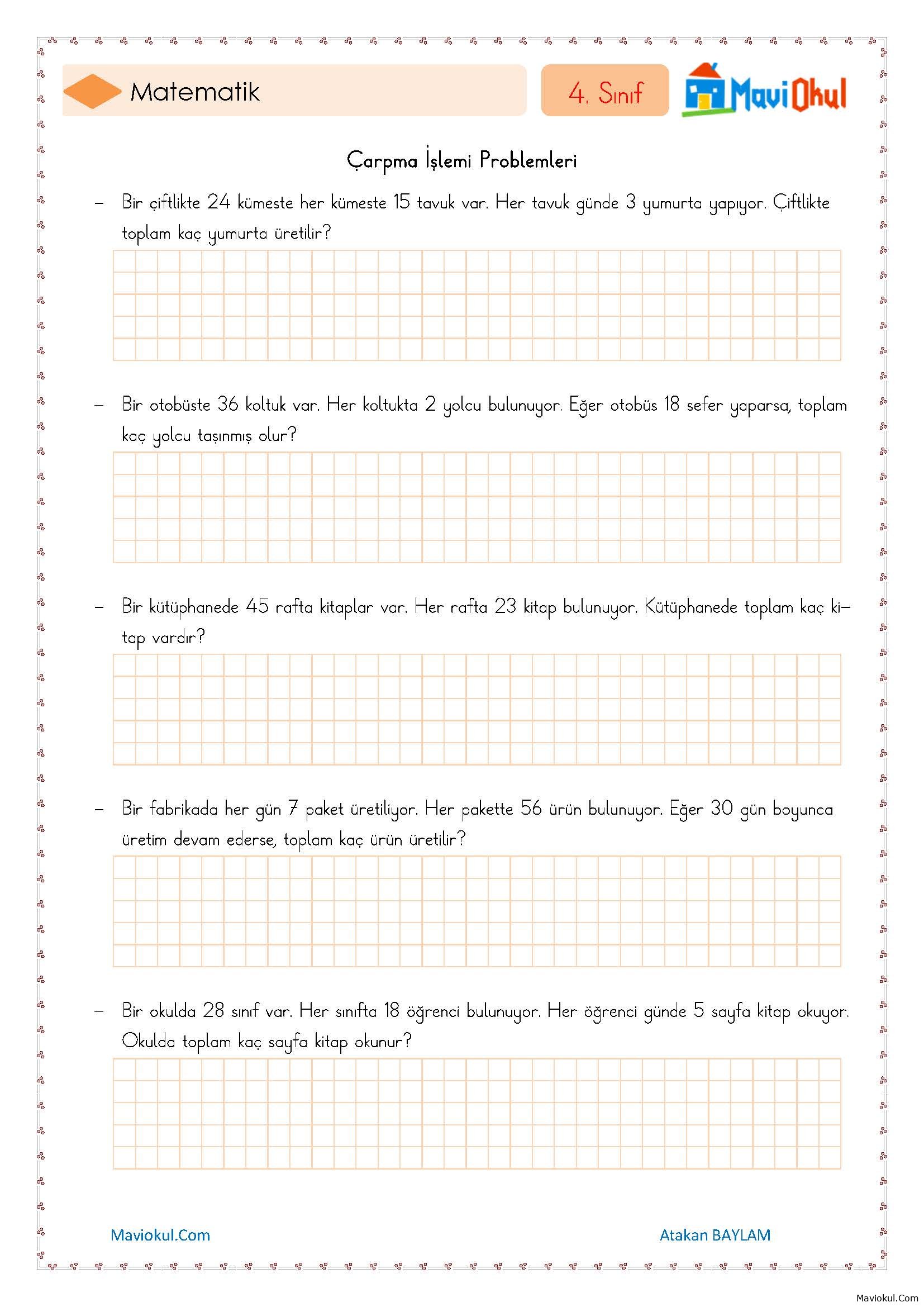 3. Sınıf Matematik Çarpma İşlemi Problemleri