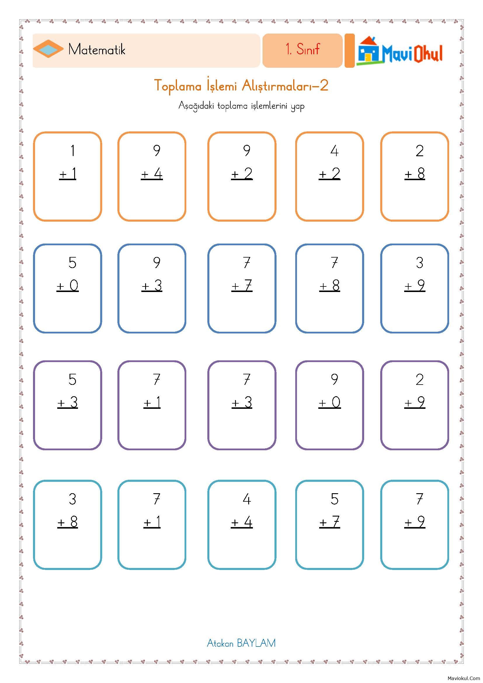 1. Sınıf Matematik Alt Alta Toplama İşlemi Alıştırmaları -2