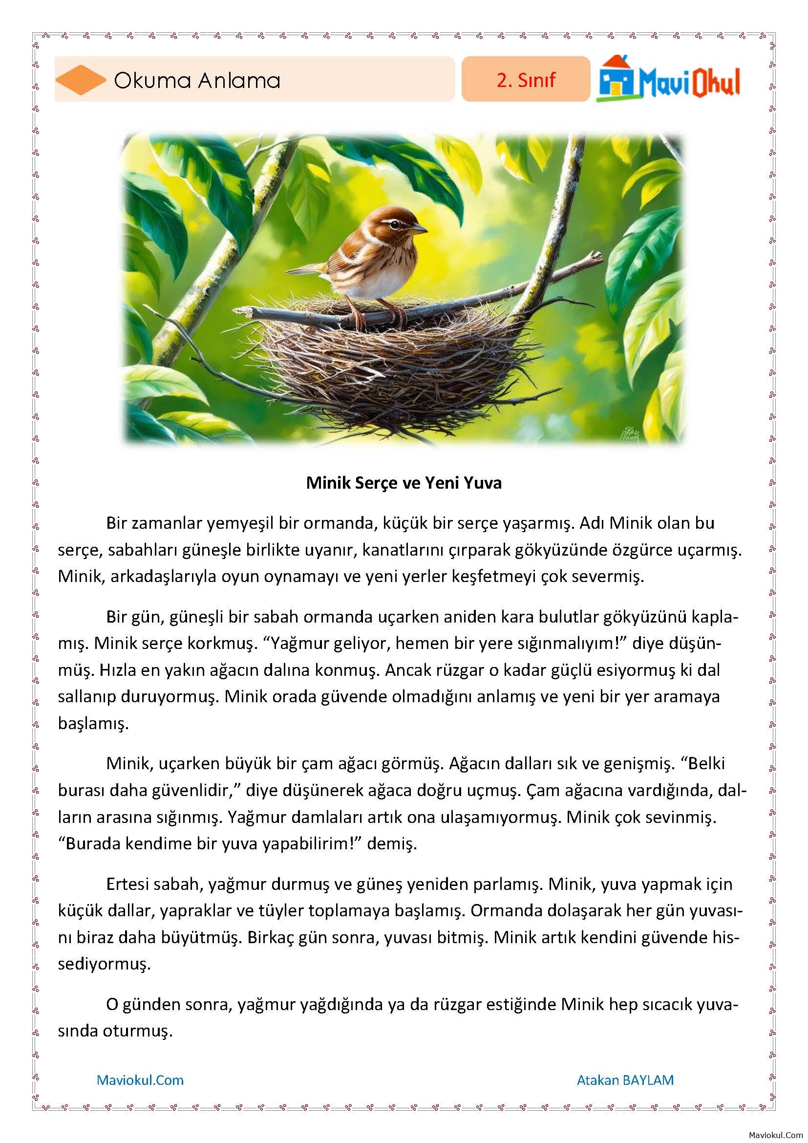 2. Sınıf Okuma Anlama Metni - Minik Serçe