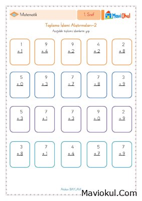 1. Sınıf Matematik Alt Alta Toplama İşlemi Alıştırmaları -2