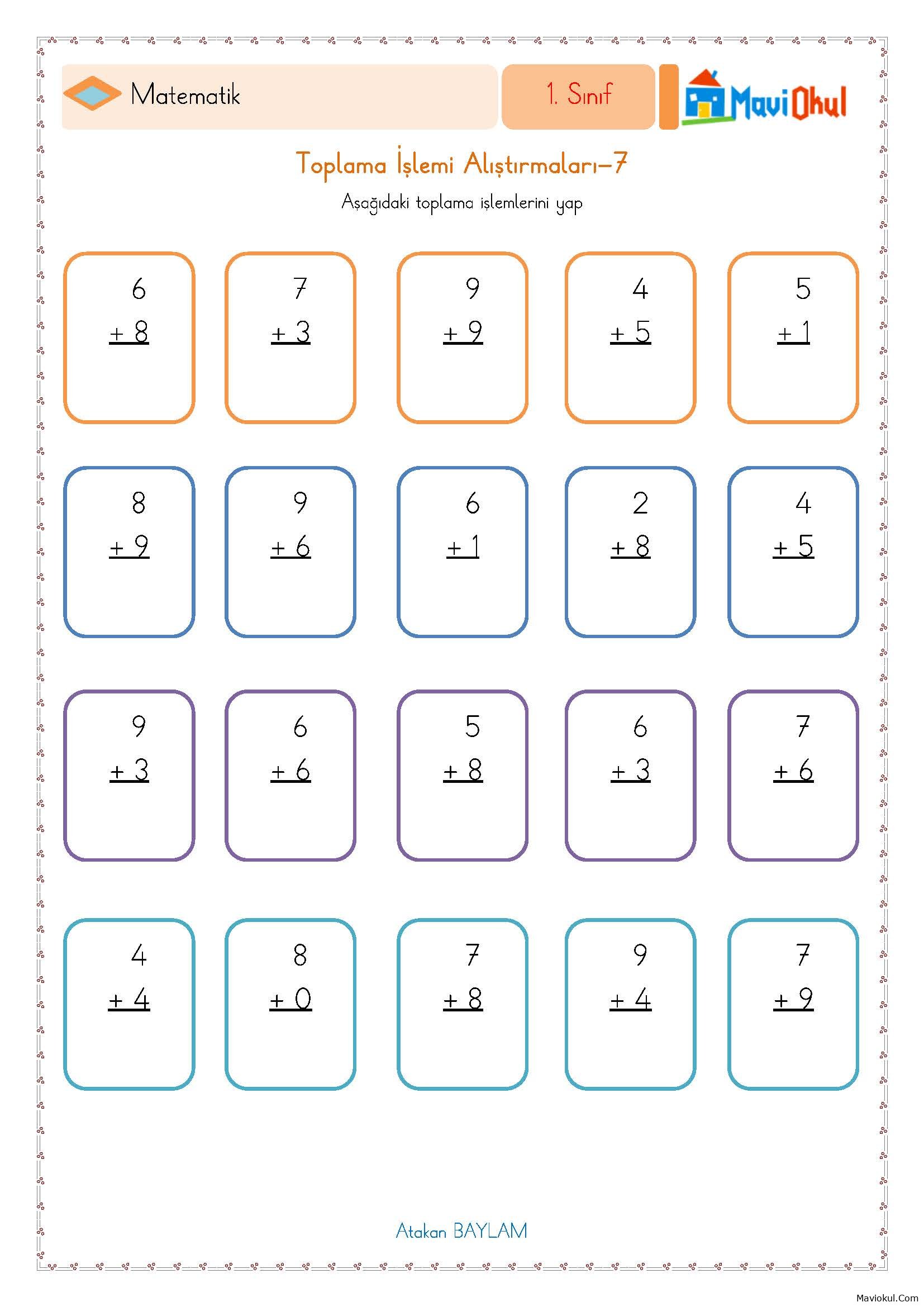 1. Sınıf Matematik Alt Alta Toplama İşlemi Alıştırmaları -7