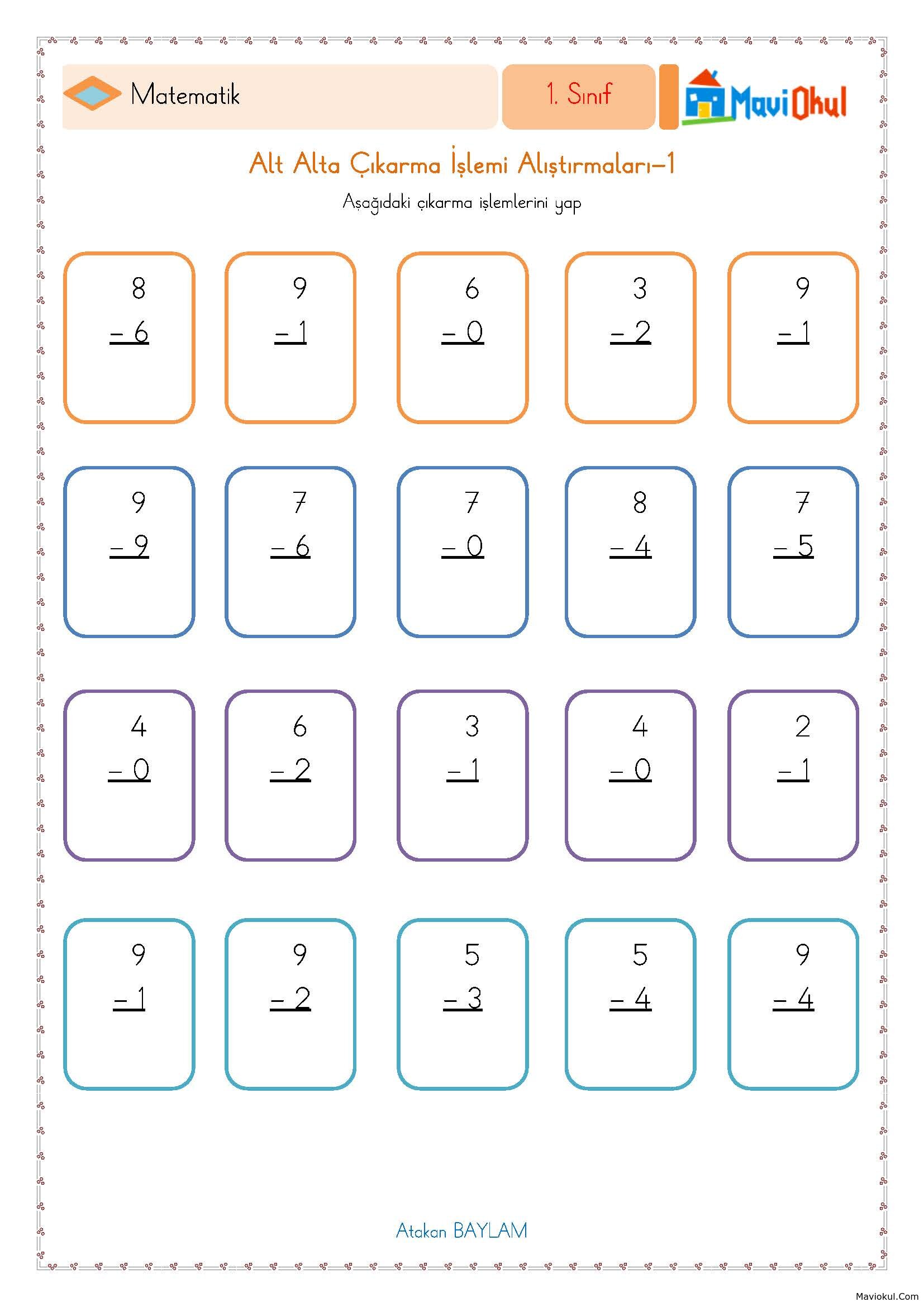 1. Sınıf Matematik Alt Alta Çıkarma İşlemi Alıştırmaları -1