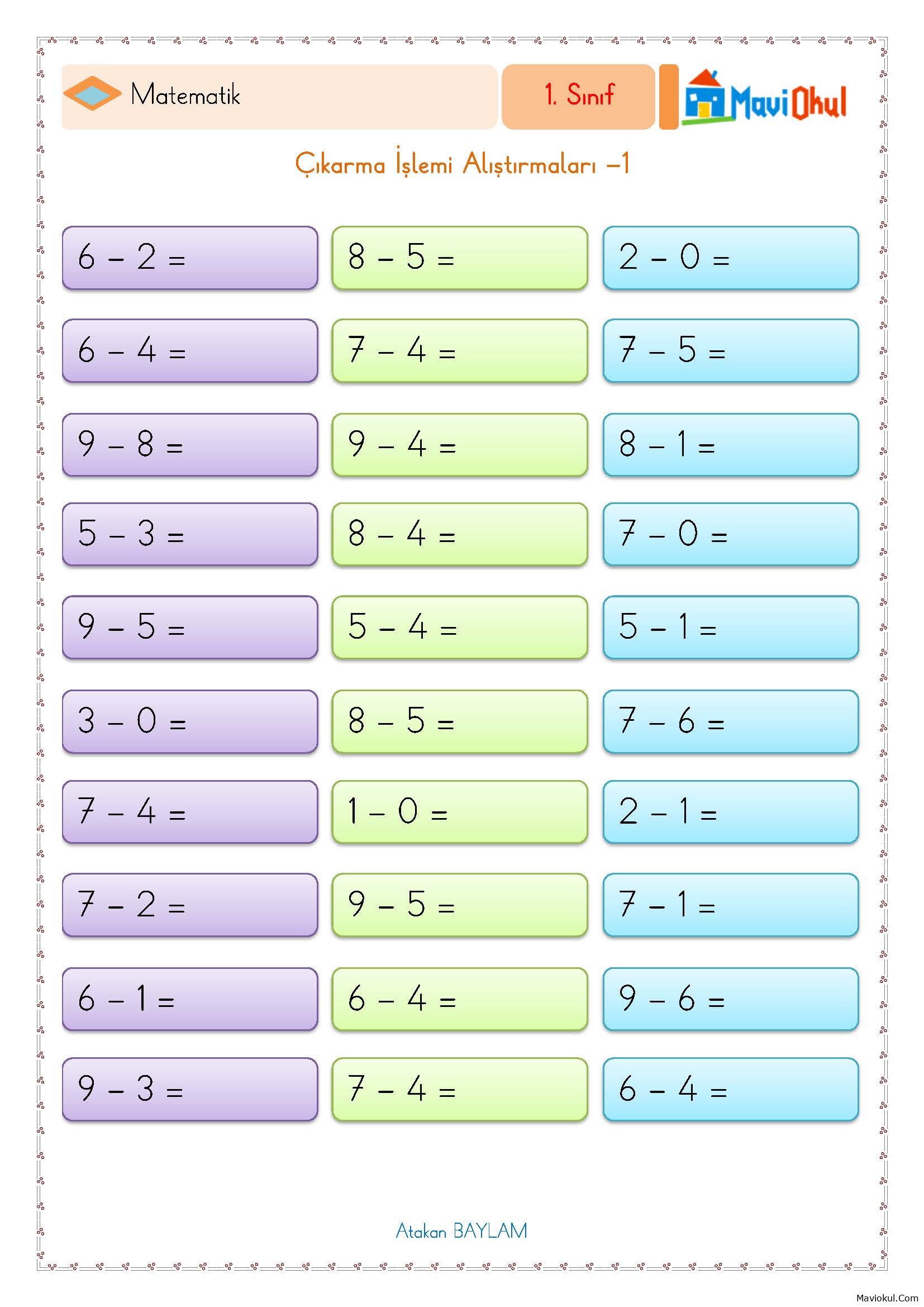 1. Sınıf Matematik Yan Yana Çıkarma İşlemi Alıştırmaları