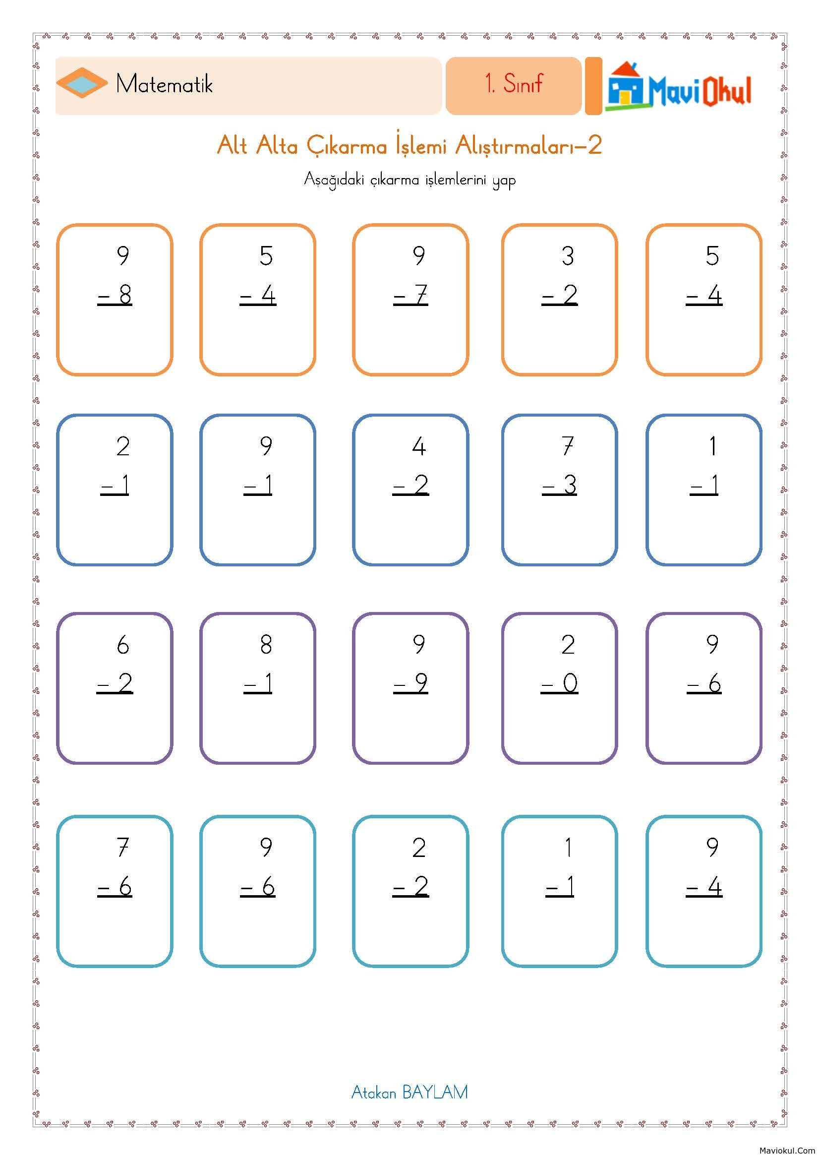 1. Sınıf Matematik Alt Alta Çıkarma İşlemi Alıştırmaları -2