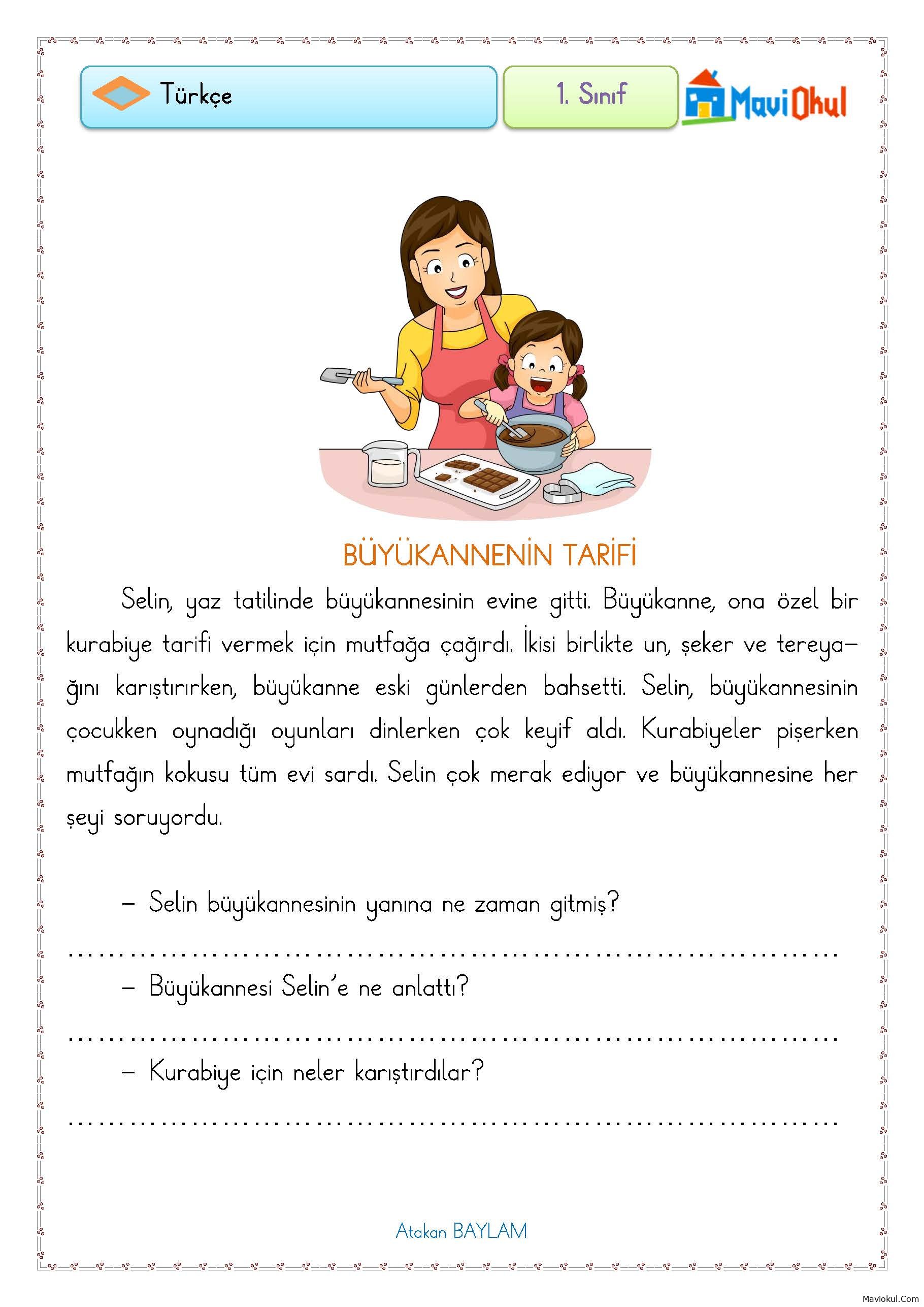 1. Sınıf Türkçe Okuma Anlama Çalışması - Büyükannenin Tarifi