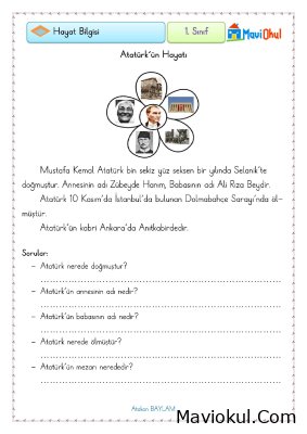 1. Sınıf Türkçe Atatürk'ün Hayatı Okuma Anlama Çalışması