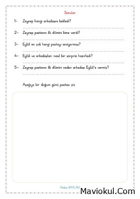 1. Sınıf Türkçe Okuma Anlama Çalışması - Sürpriz Doğum Günü