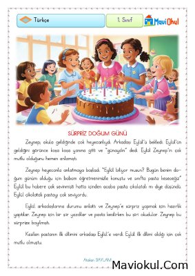 1. Sınıf Türkçe Okuma Anlama Çalışması - Sürpriz Doğum Günü