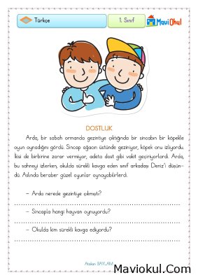 1. Sınıf Okuma Anlama Çalışması - Dostluk