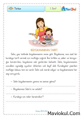 1. Sınıf Türkçe Okuma Anlama Çalışması - Büyükannenin Tarifi