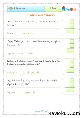 1. Sınıf Matematik Toplama İşlemi Problemleri - 1