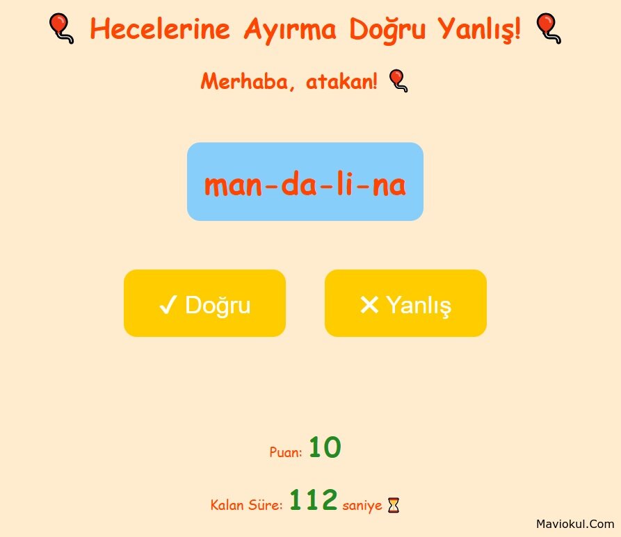 1. Sınıf Hecelerine Ayırma Doğru Yanlış Oyunu
