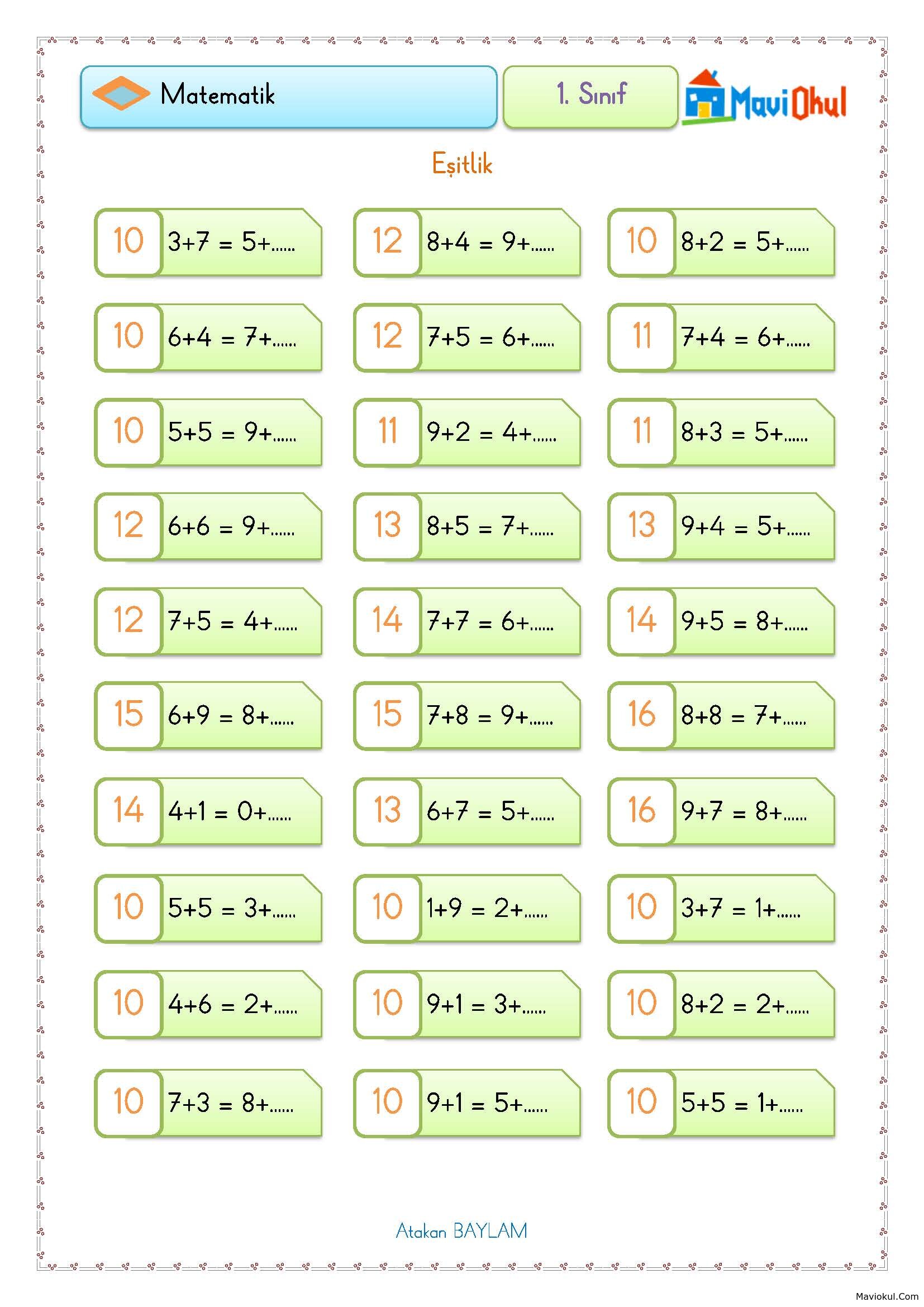 1. Sınıf Matematik Eşitlik -2