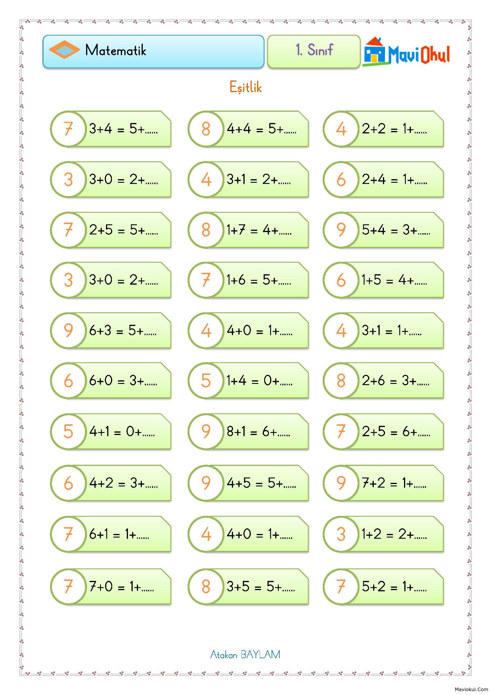 1. Sınıf Matematik Eşitlik