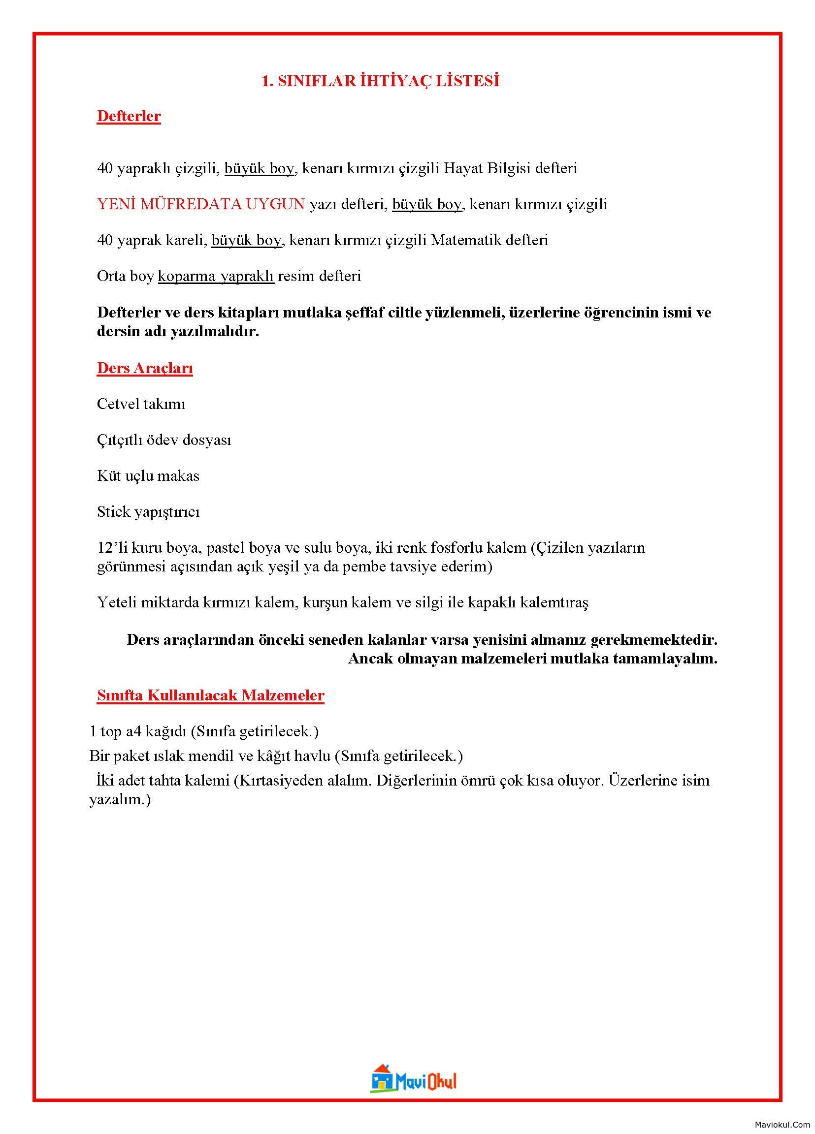 1. Sınıf İhtiyaç Listesi 2025-2026