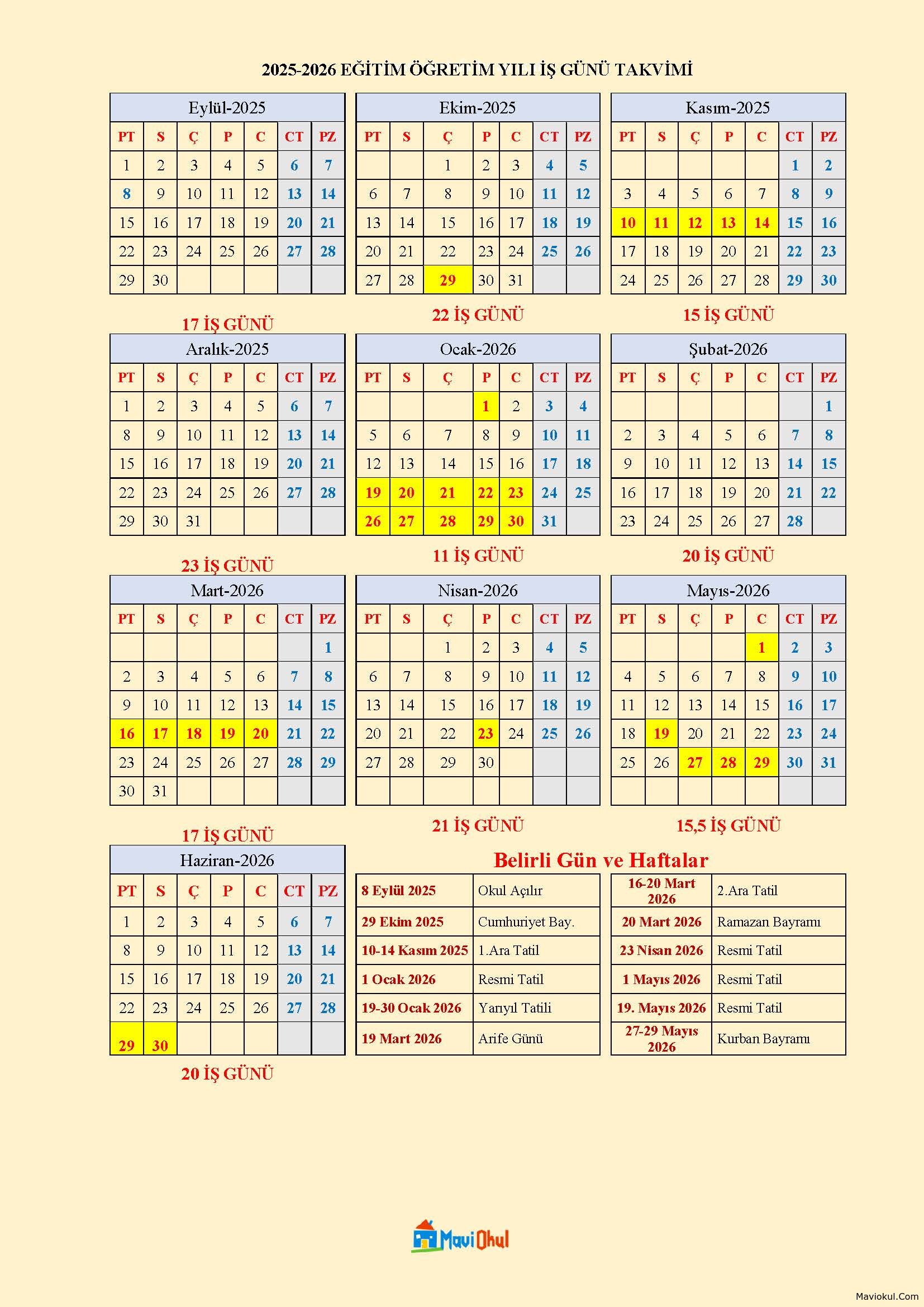 2025-2026 Eğitim Öğretim Yılı İş Takvimi