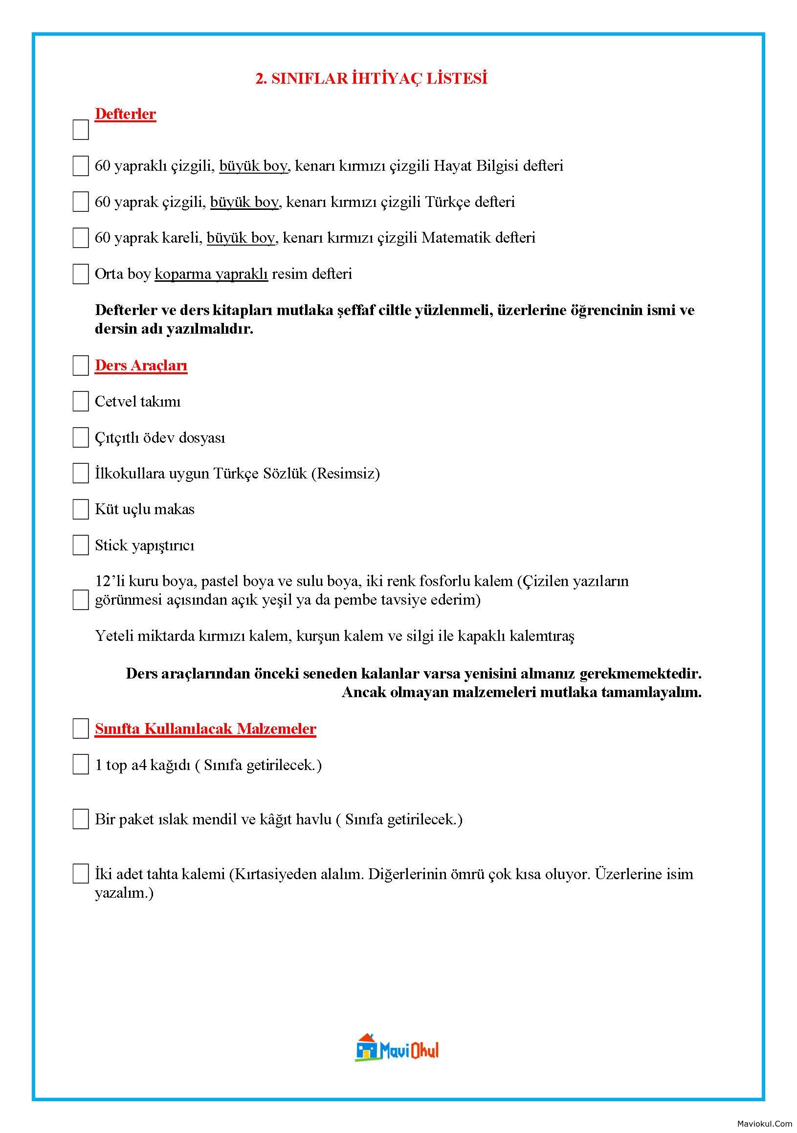 2. Sınıf İhtiyaç Listesi 2025-2026