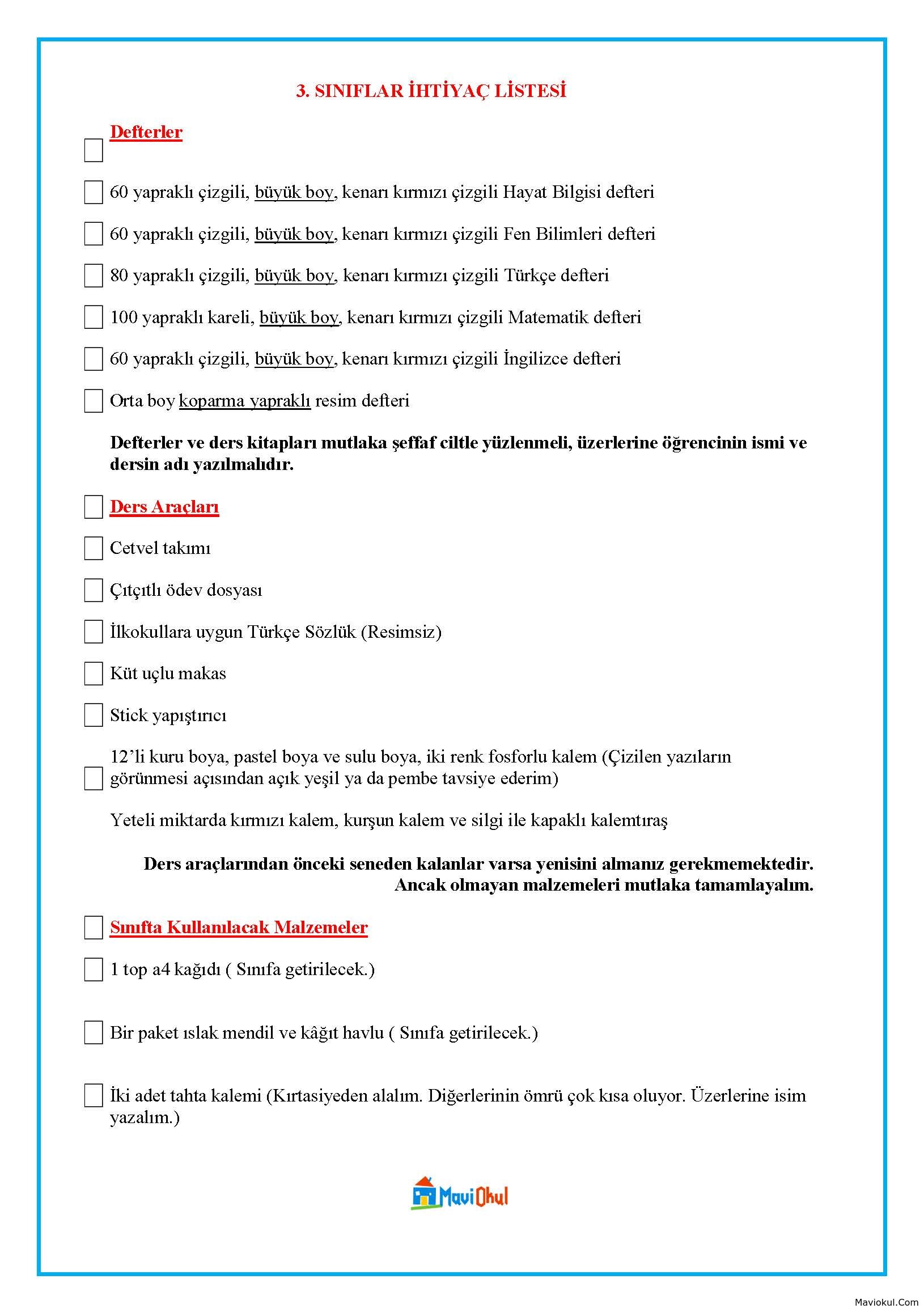 3. Sınıf İhtiyaç Listesi 2025-2026