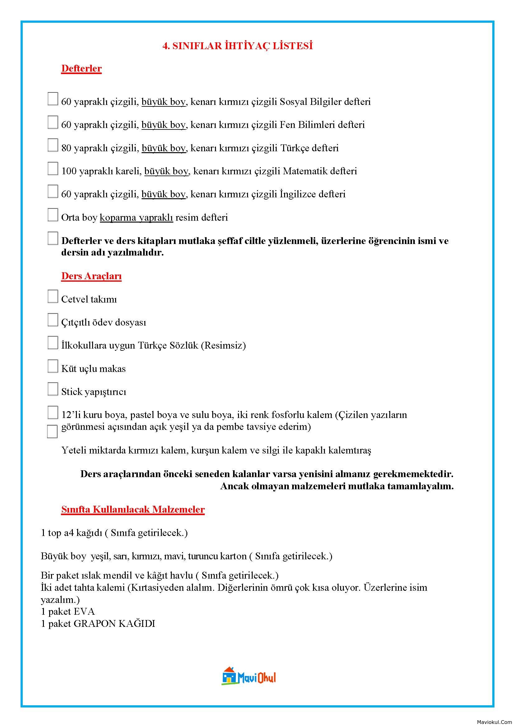 4. Sınıf İhtiyaç Listesi 2025-2026