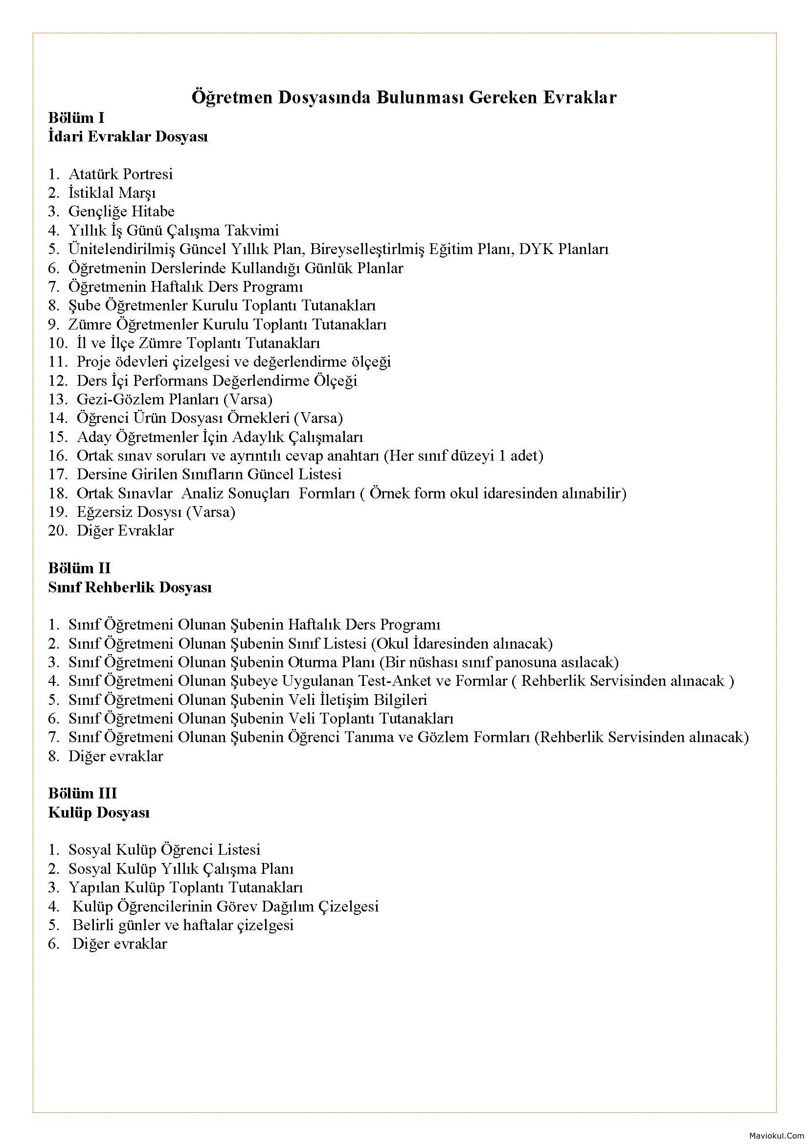 Öğretmen Dosyasında Bulunması Gereken Evraklar