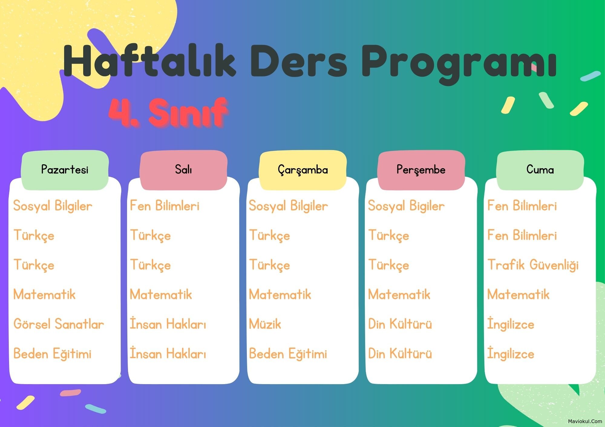 4. Sınıf Haftalık Ders Programı