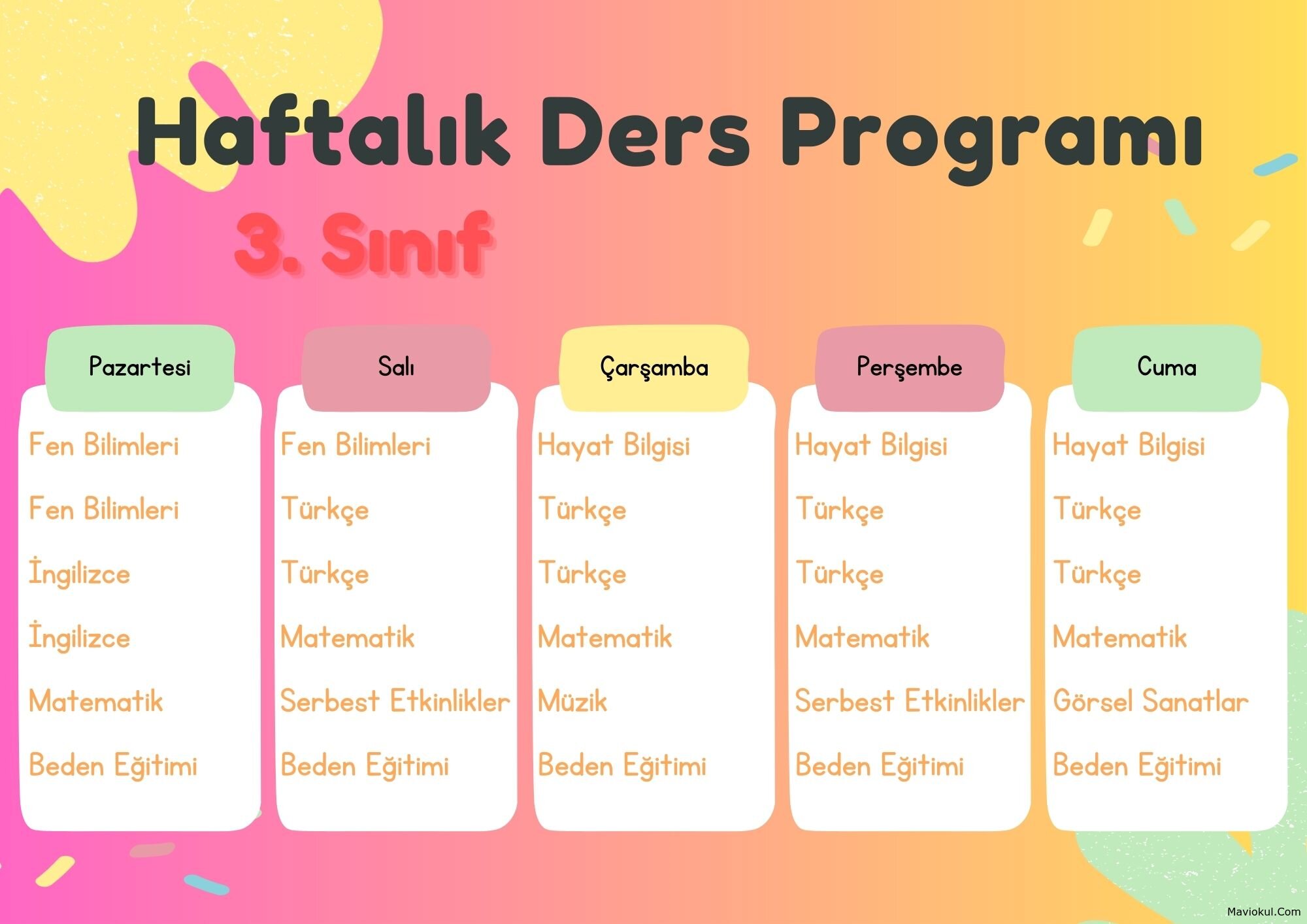 3. Sınıf Haftalık Ders Programı