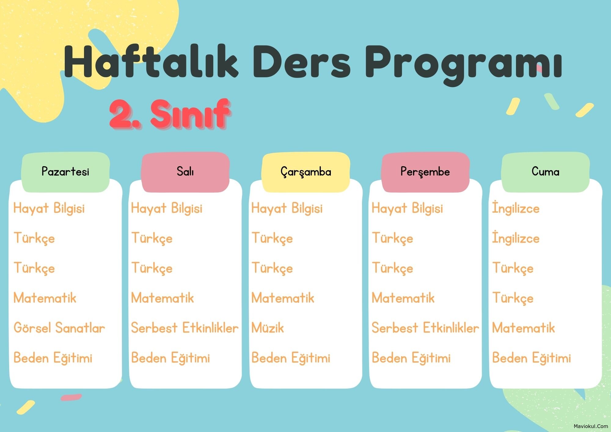 2. Sınıf Haftalık Ders Programı