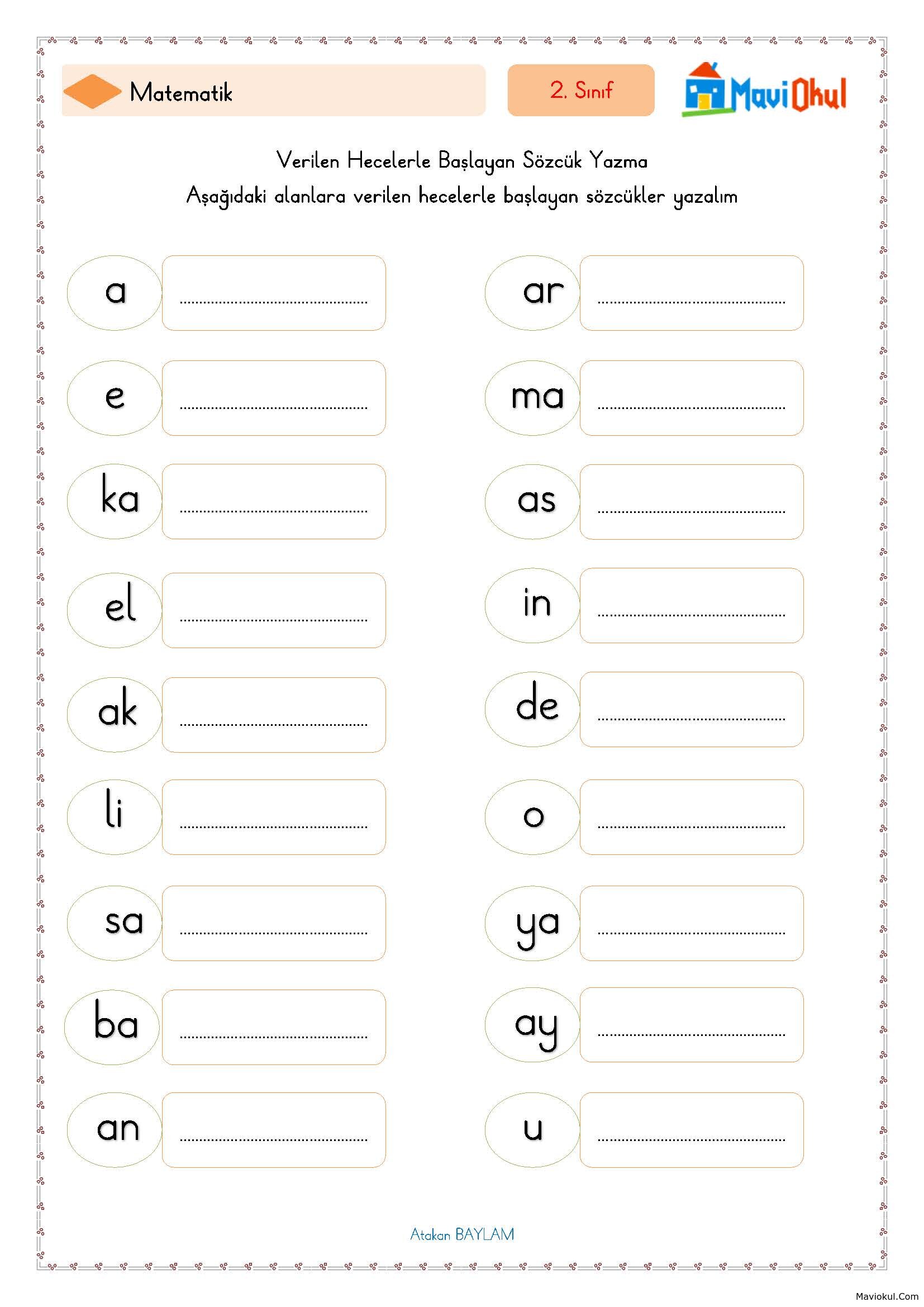 2. Sınıf Türkçe Verilen Heceden Sözcük Yazma Etkinliği