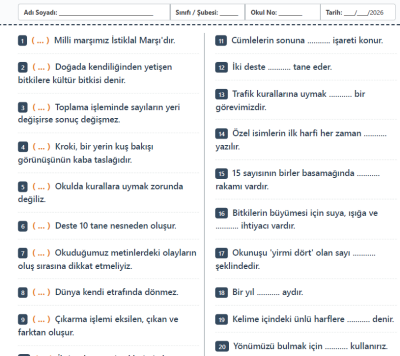 1. Sınıf 2. Dönem Genel Değerlendirme Çalışması